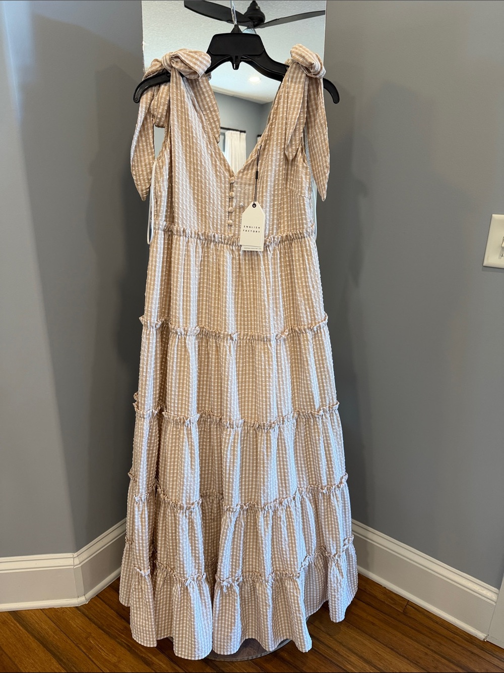 English Factory Beige and White Gingham Tie-Shoulder Maxi Dress